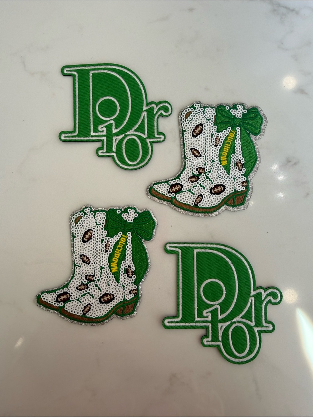 Adorable “Football” Hand Crafted Green and White Boot Iron on Patches